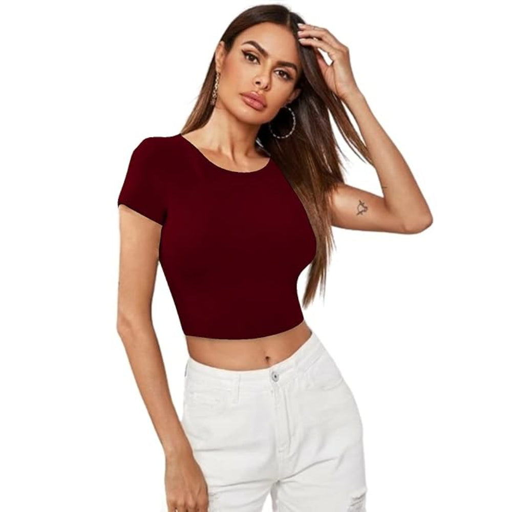Women Short Sleeves Maroon Crop Top