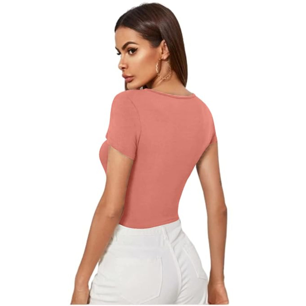 Women Short Sleeves Rose Peach Crop Top