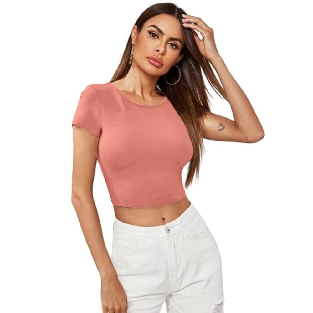 Women Short Sleeves Rose Peach Crop Top