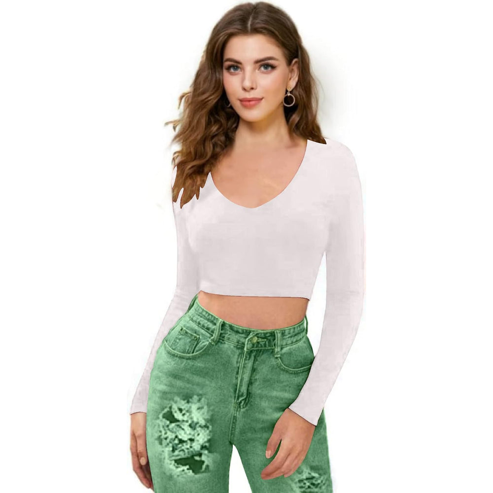 Women V-Neck White Crop Top
