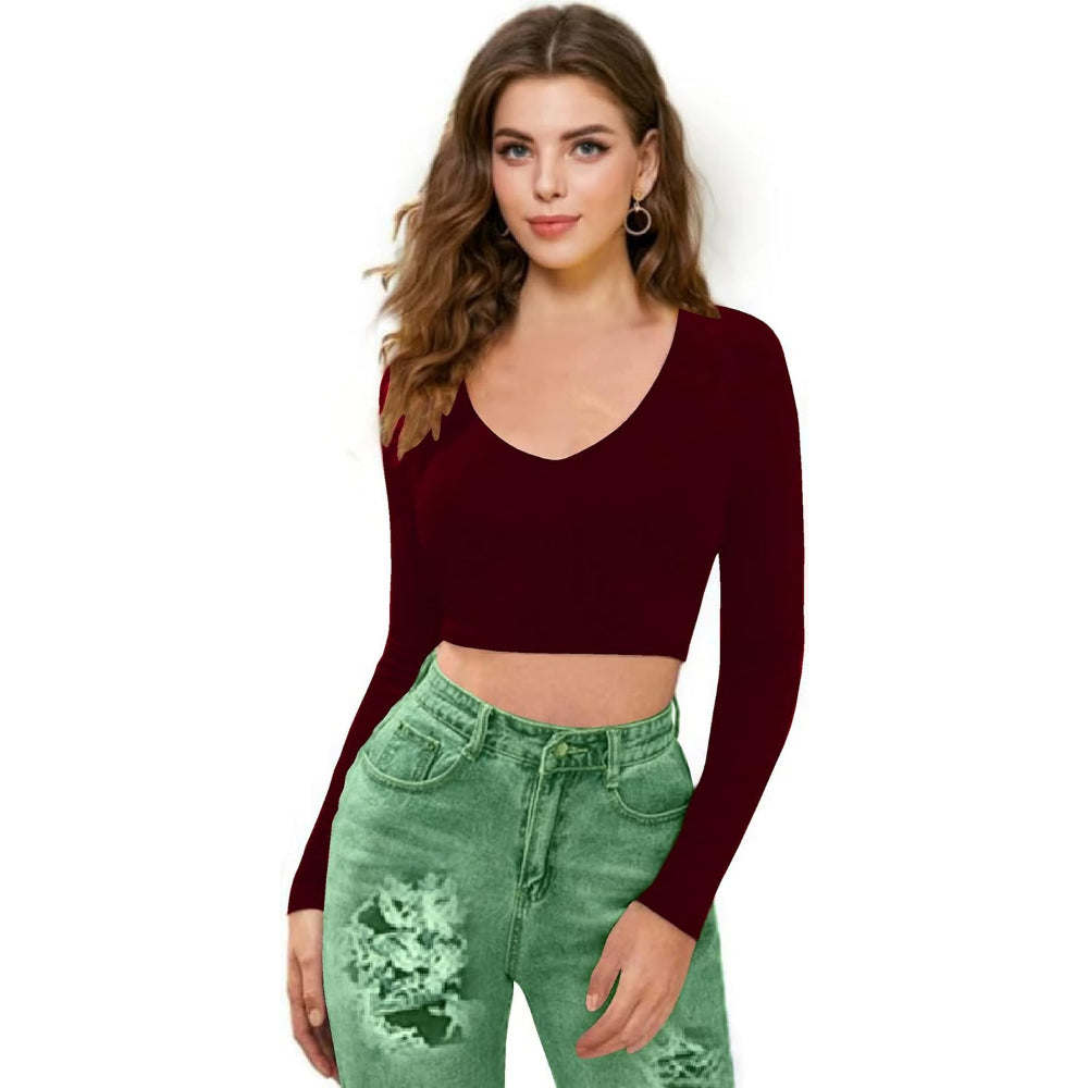 Women V-Neck Maroon Crop Top