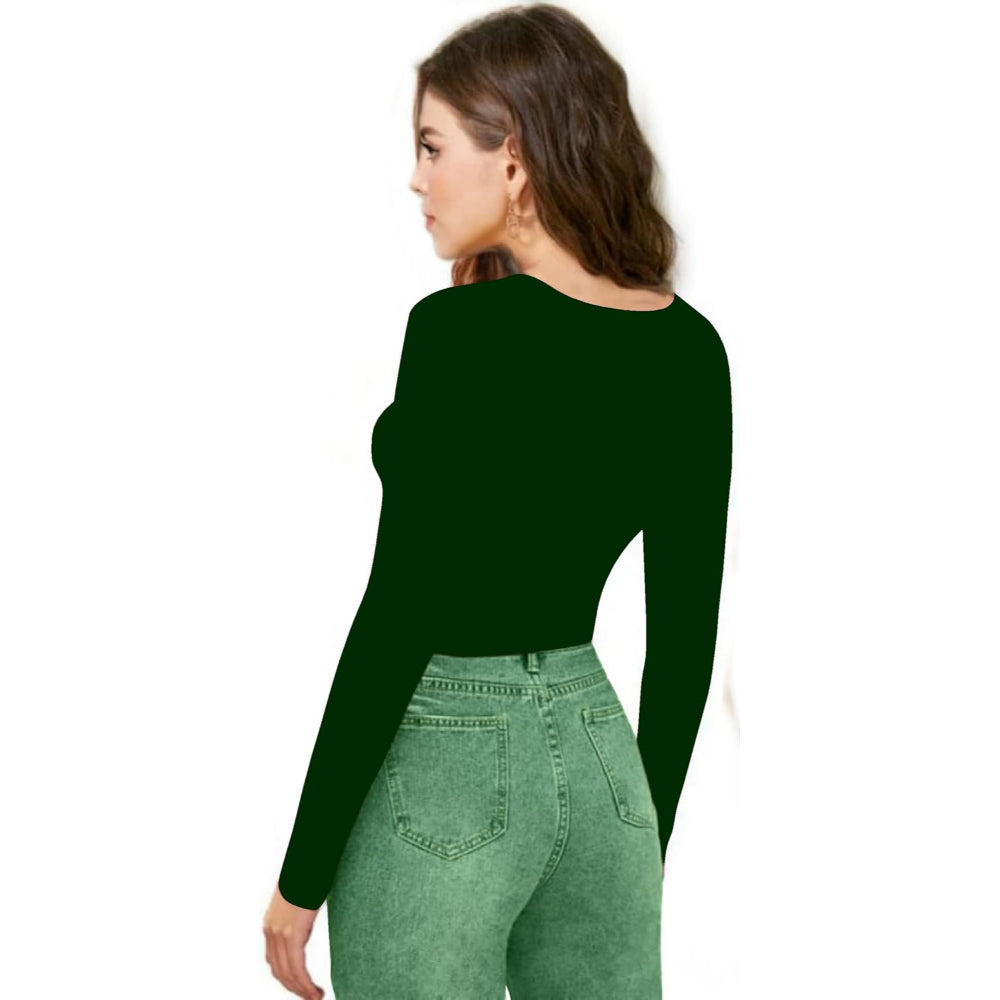 Women V-Neck Dark Green Crop Top