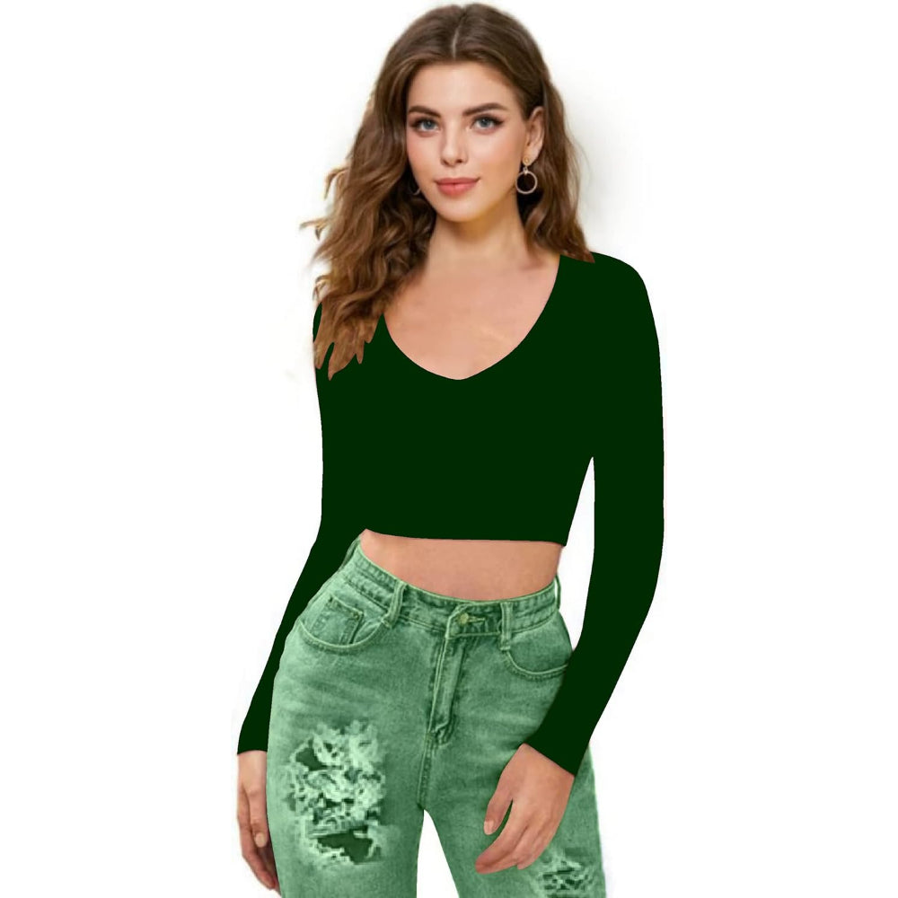 Women V-Neck Dark Green Crop Top