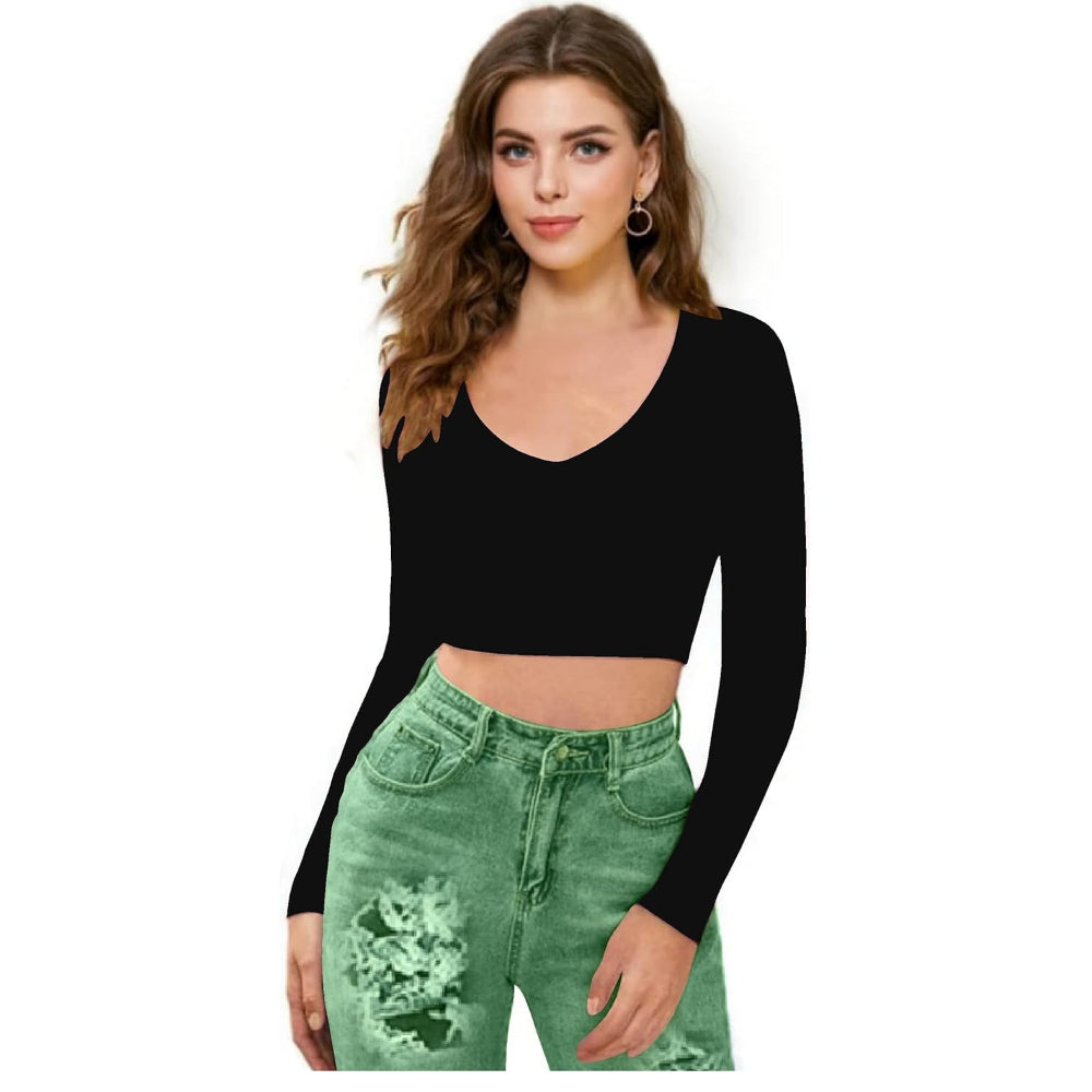 Women V-Neck Black Crop Top