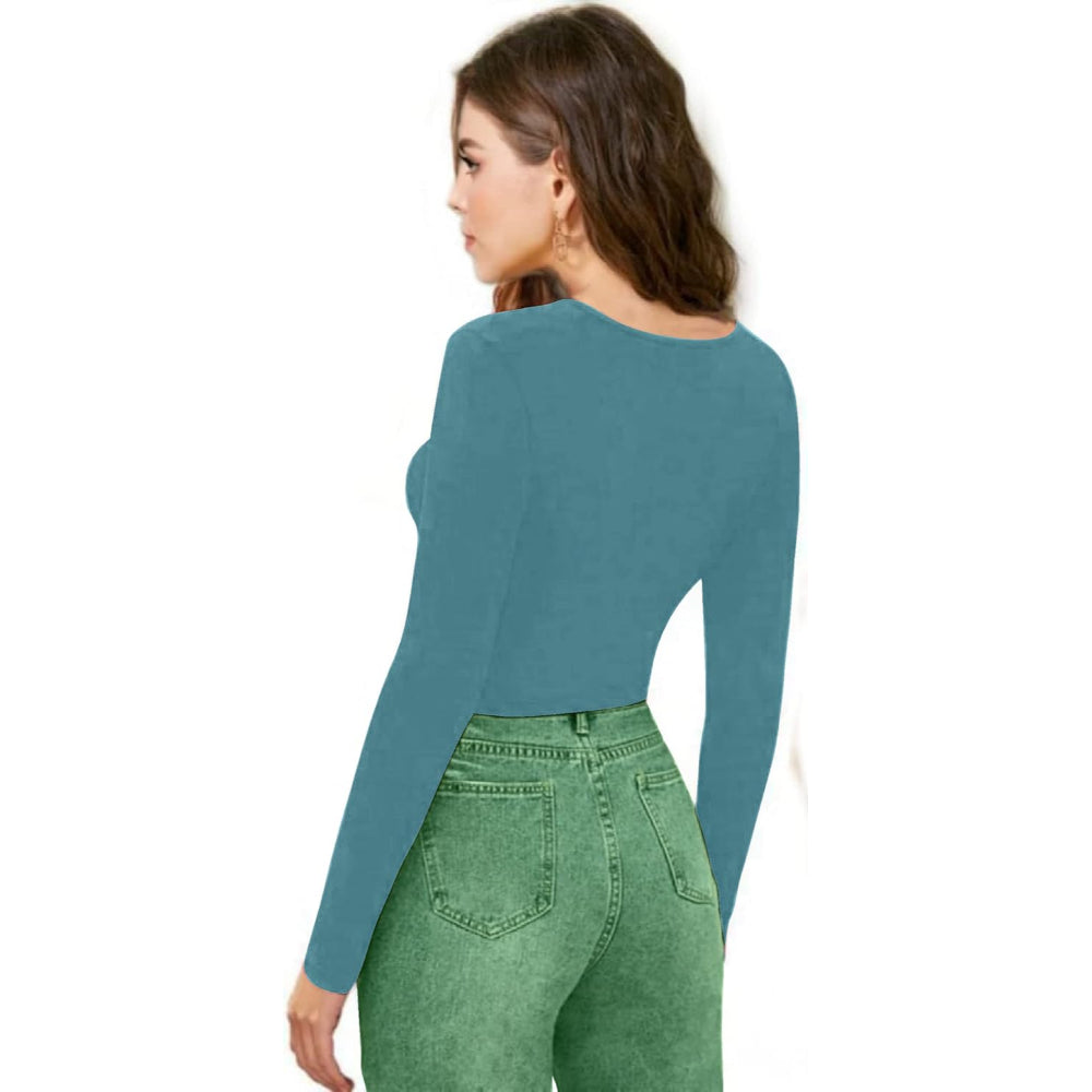 Women V-Neck Blue Crop Top