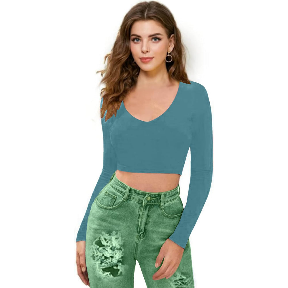 Women V-Neck Blue Crop Top