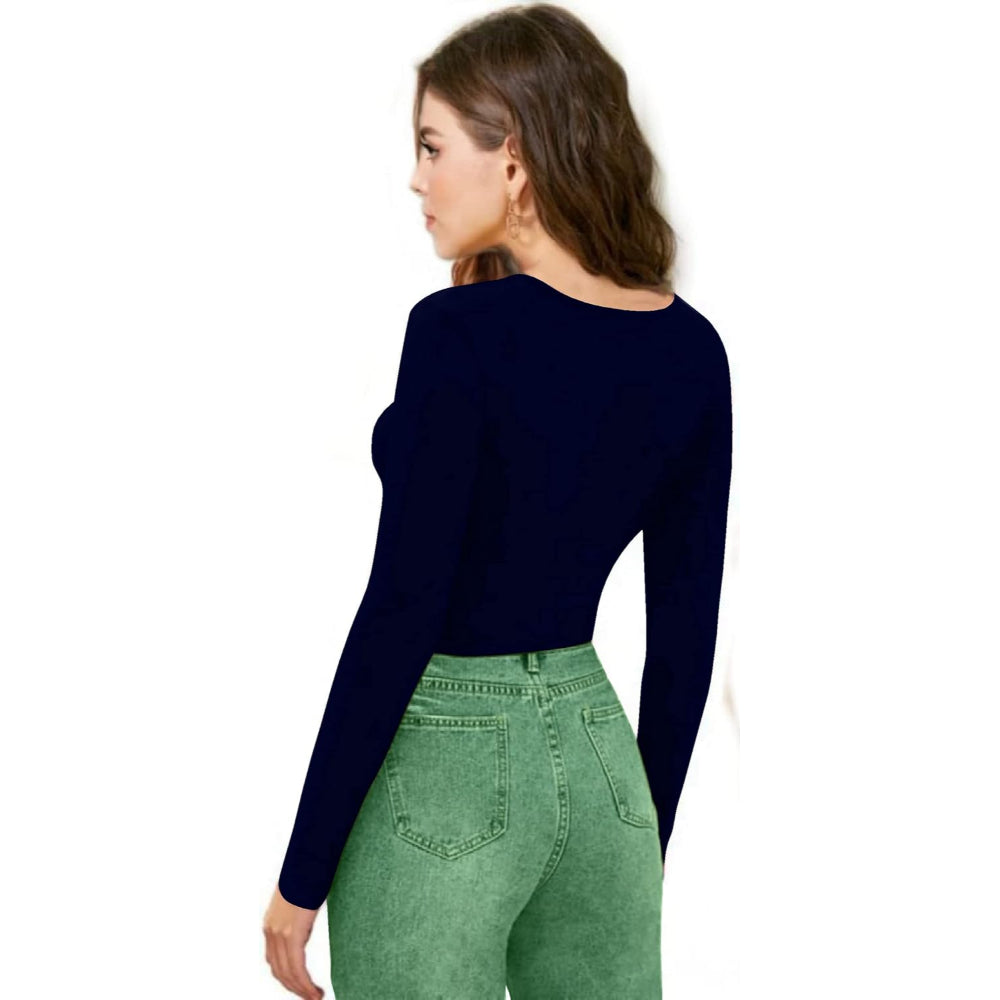 Women V-Neck Navy Blue Crop Top