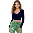 Women V-Neck Navy Blue Crop Top