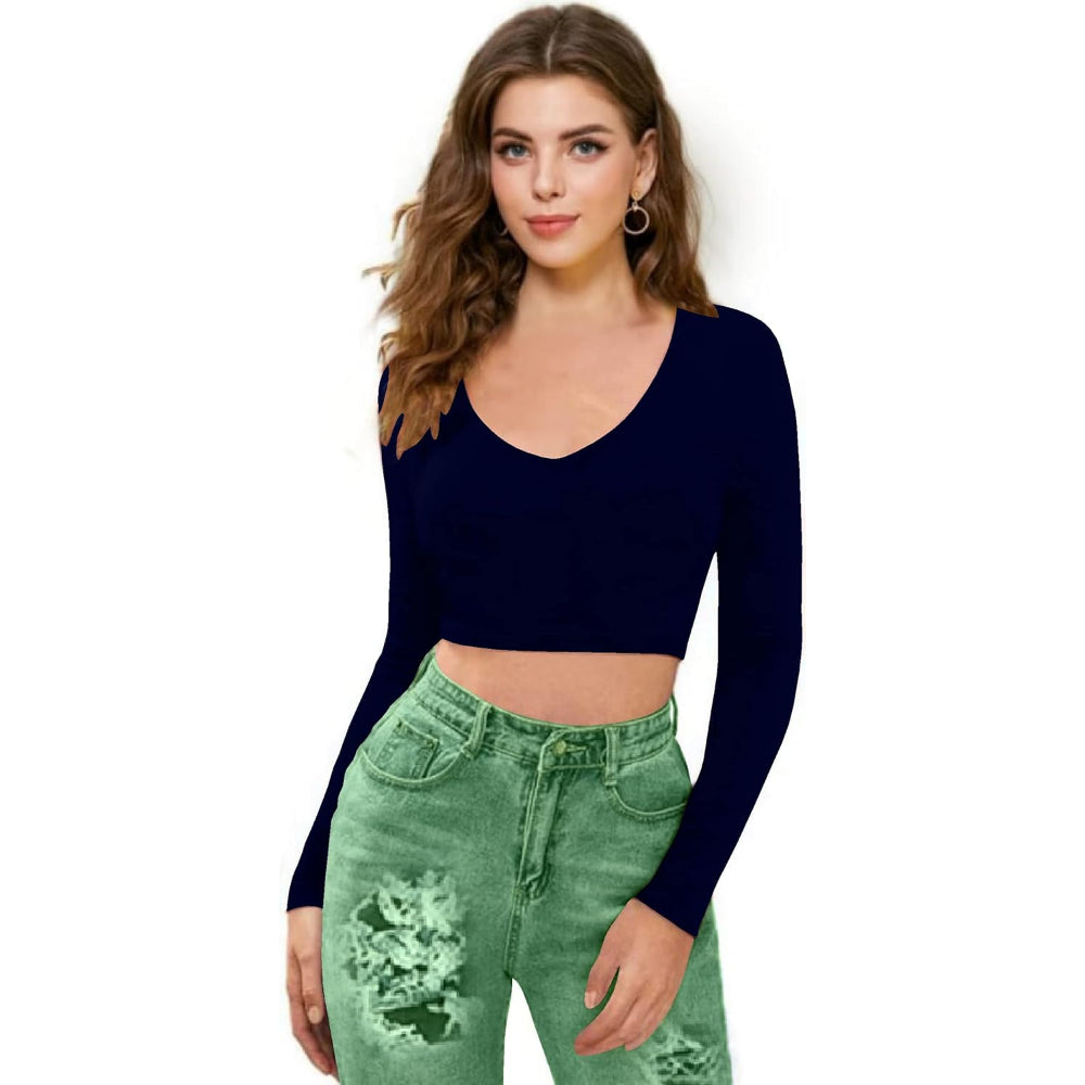 Women V-Neck Navy Blue Crop Top