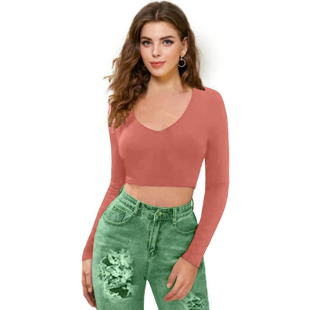 Women V-Neck Rose Peach Crop Top