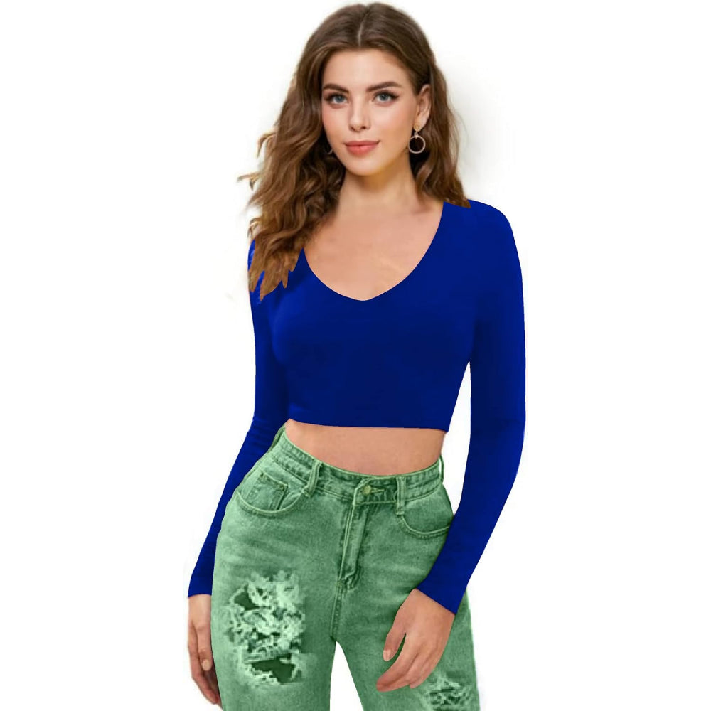 Women V-Neck Royal Blue Crop Top