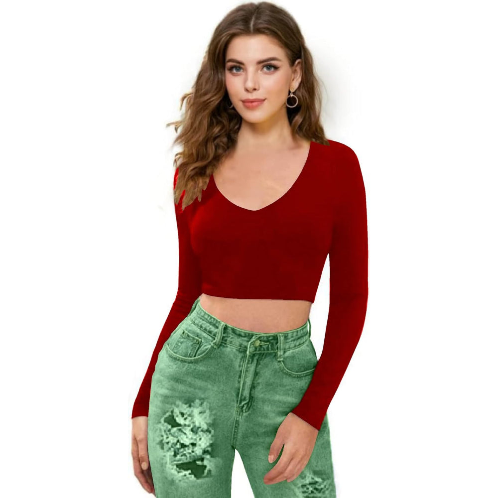 Women V-Neck Red Crop Top