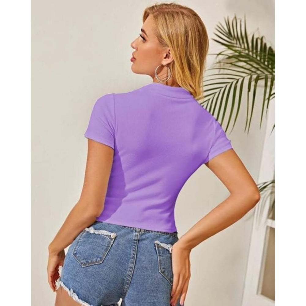 Women Collar V-Neck Lavender Crop Top