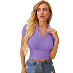 Women Collar V-Neck Lavender Crop Top