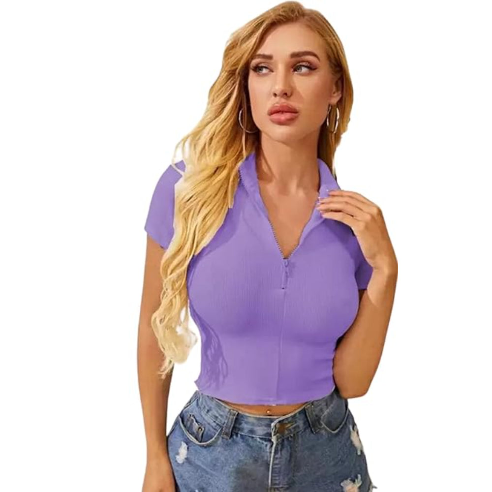 Women Collar V-Neck Lavender Crop Top