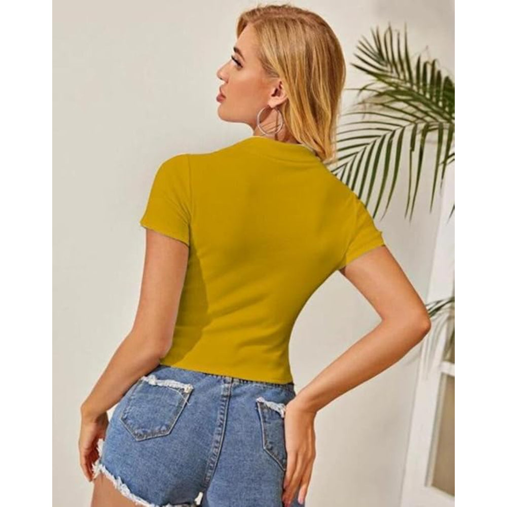Women Collar V-Neck Mustard Yellow Crop Top