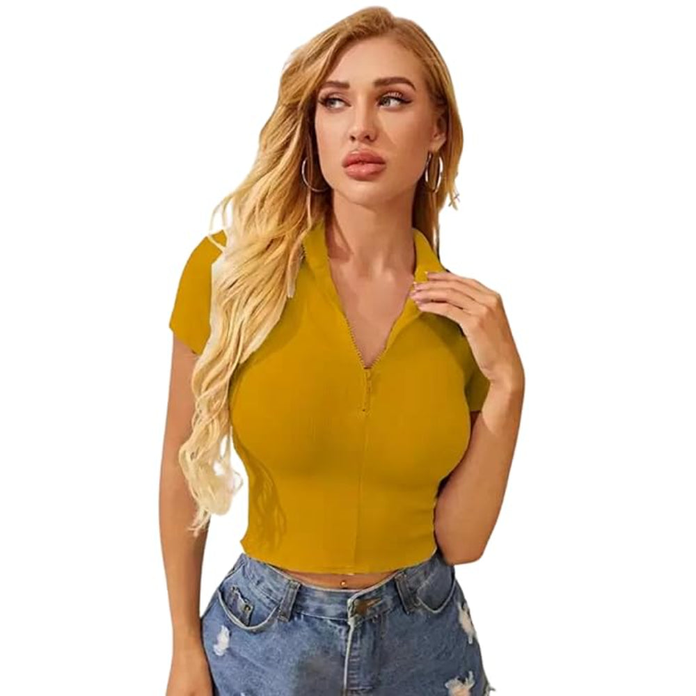 Women Collar V-Neck Mustard Yellow Crop Top