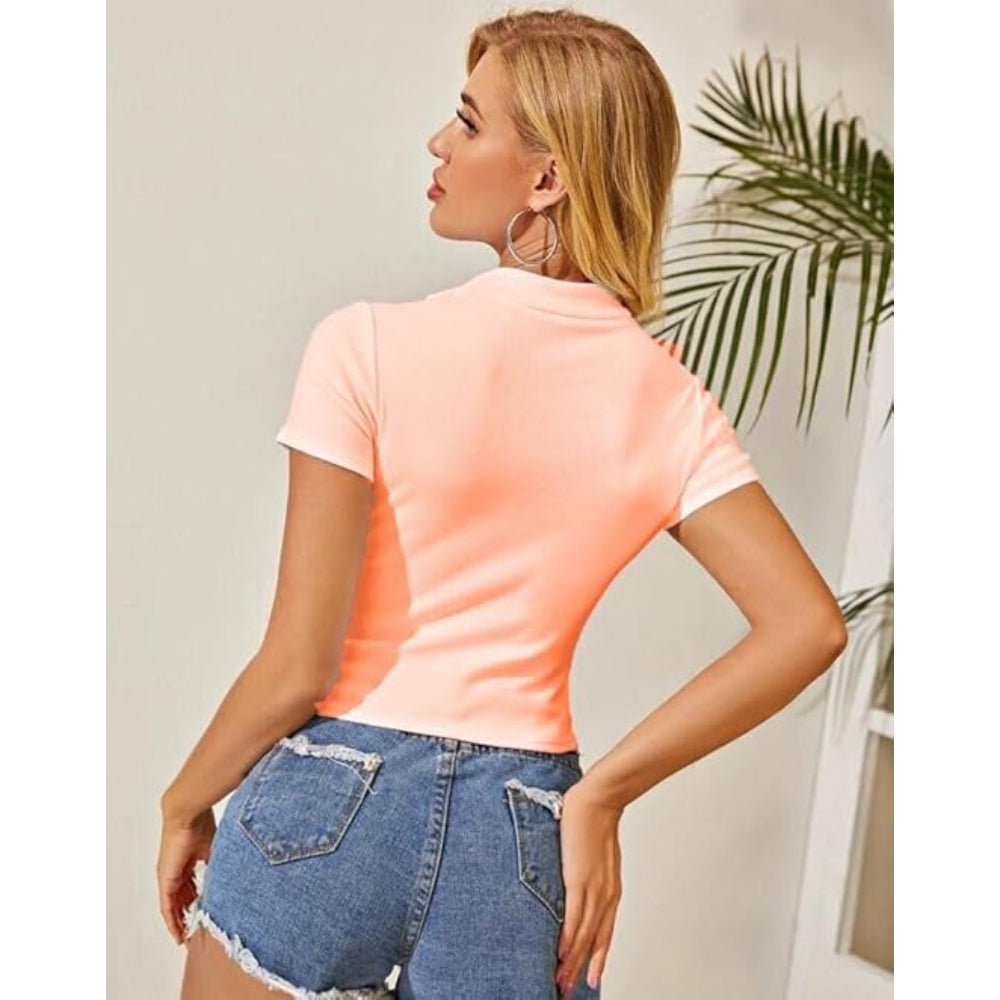 Women Collar V-Neck Peach Crop Top