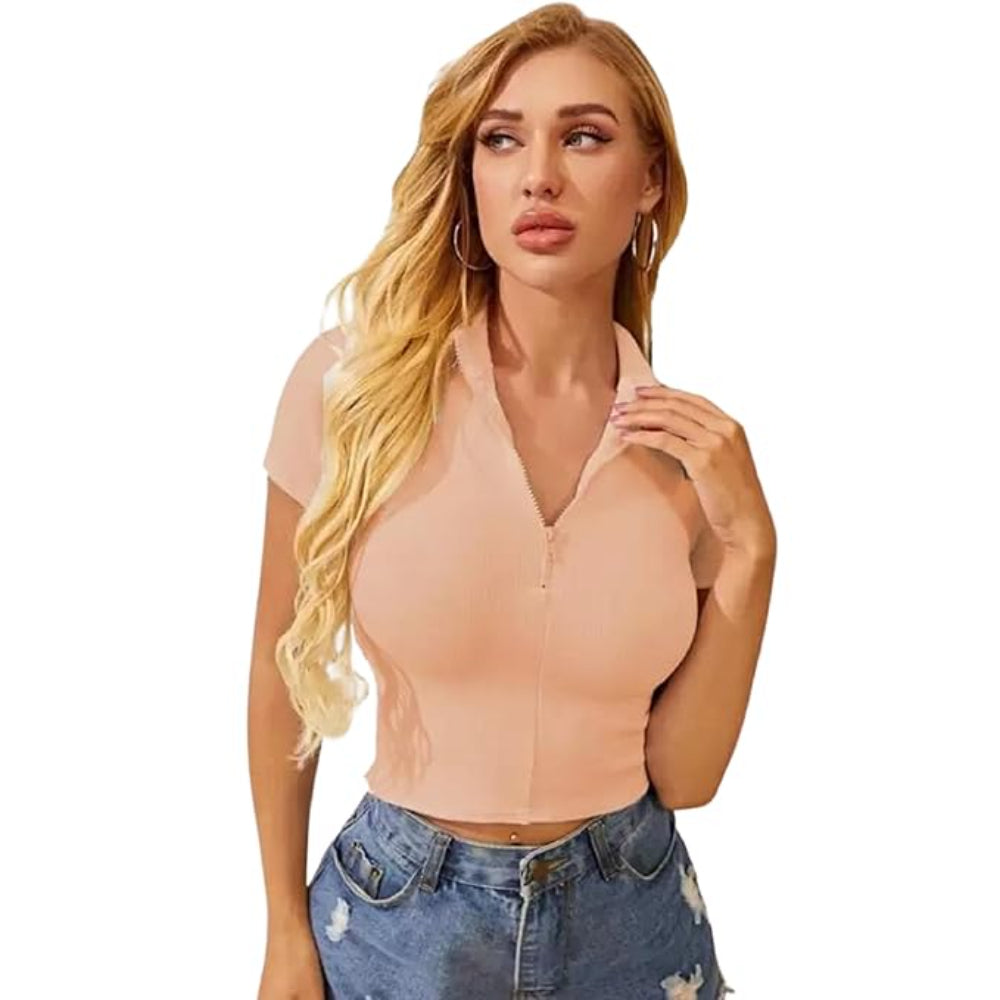 Women Collar V-Neck Peach Crop Top