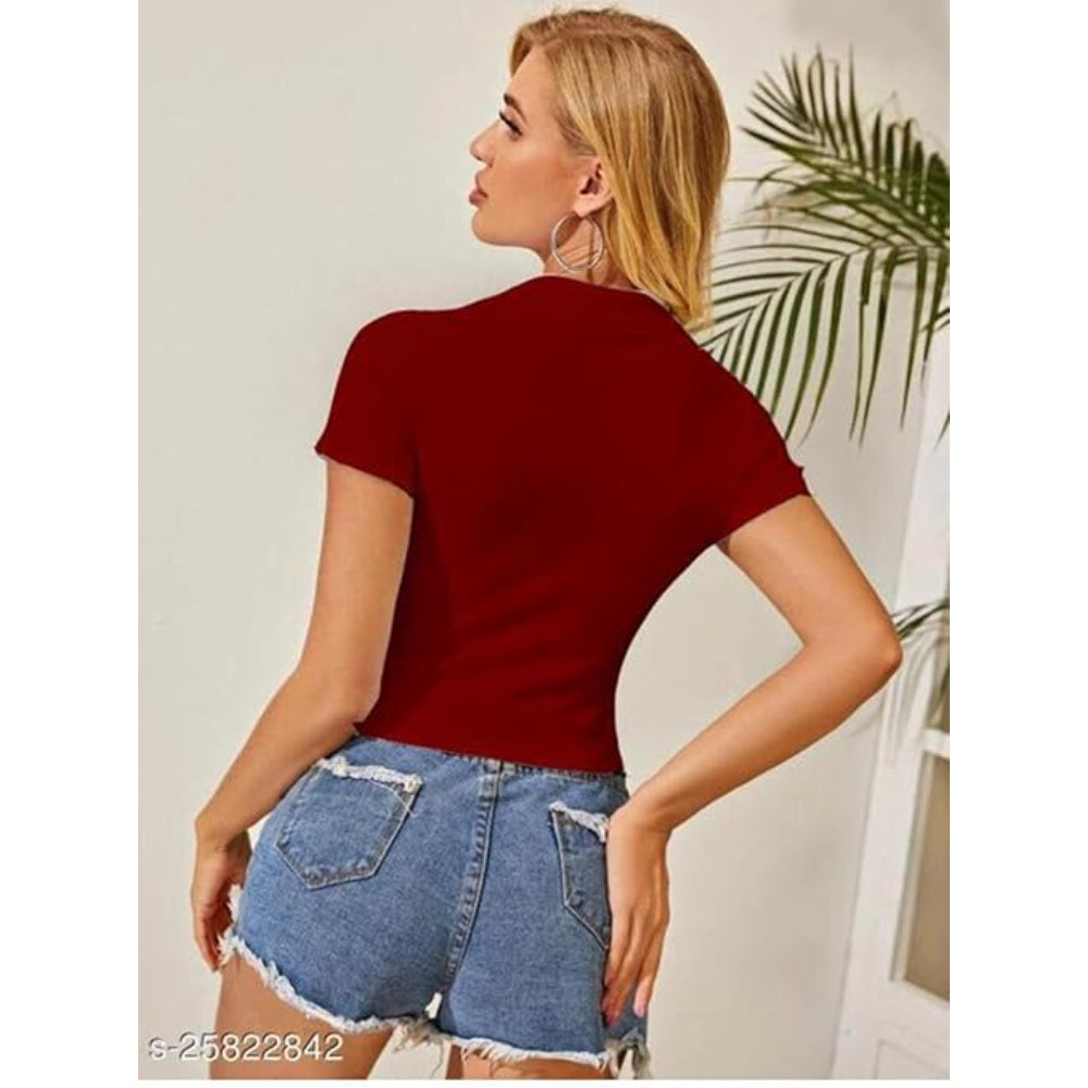 Women Collar V-Neck Maroon Crop Top