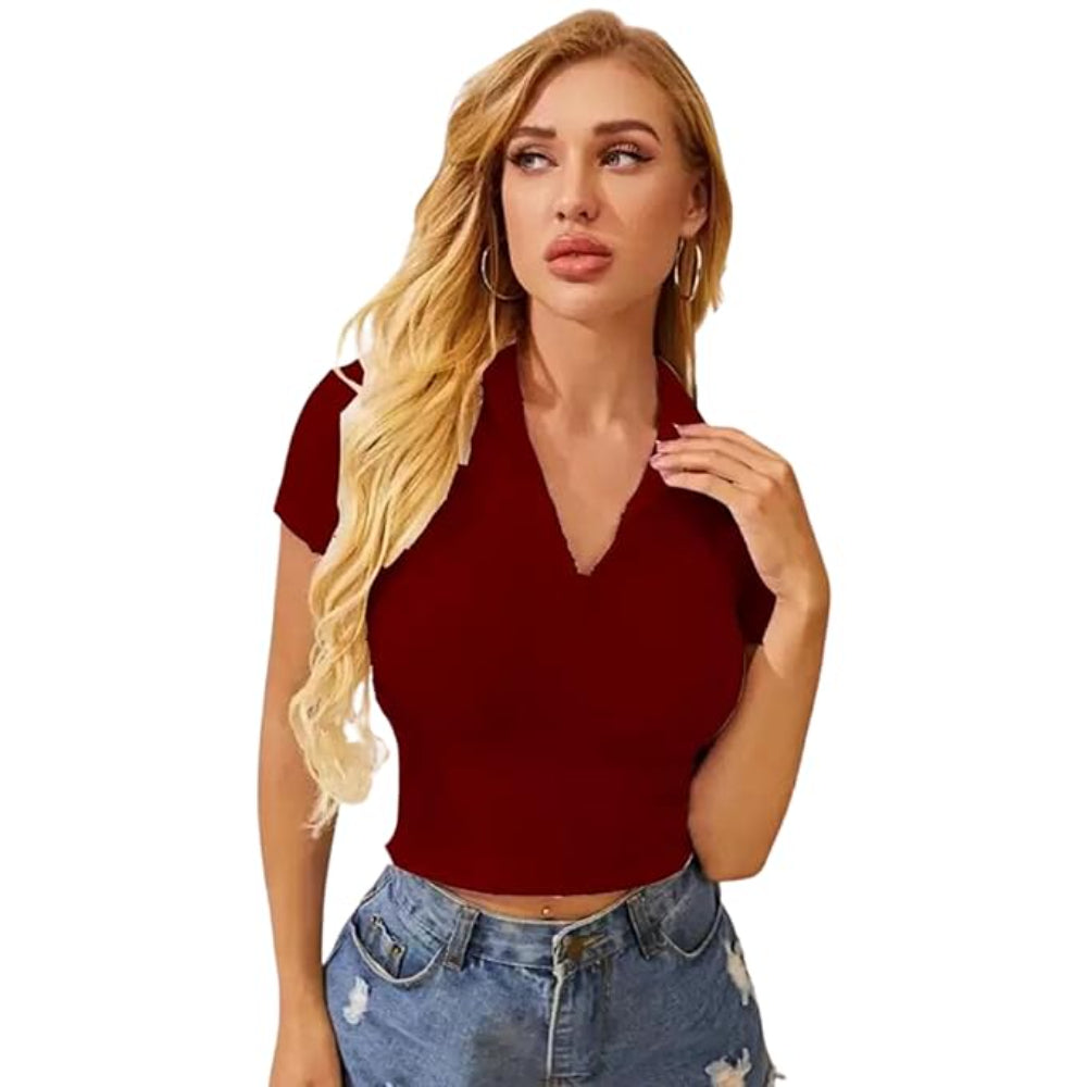 Women Collar V-Neck Maroon Crop Top