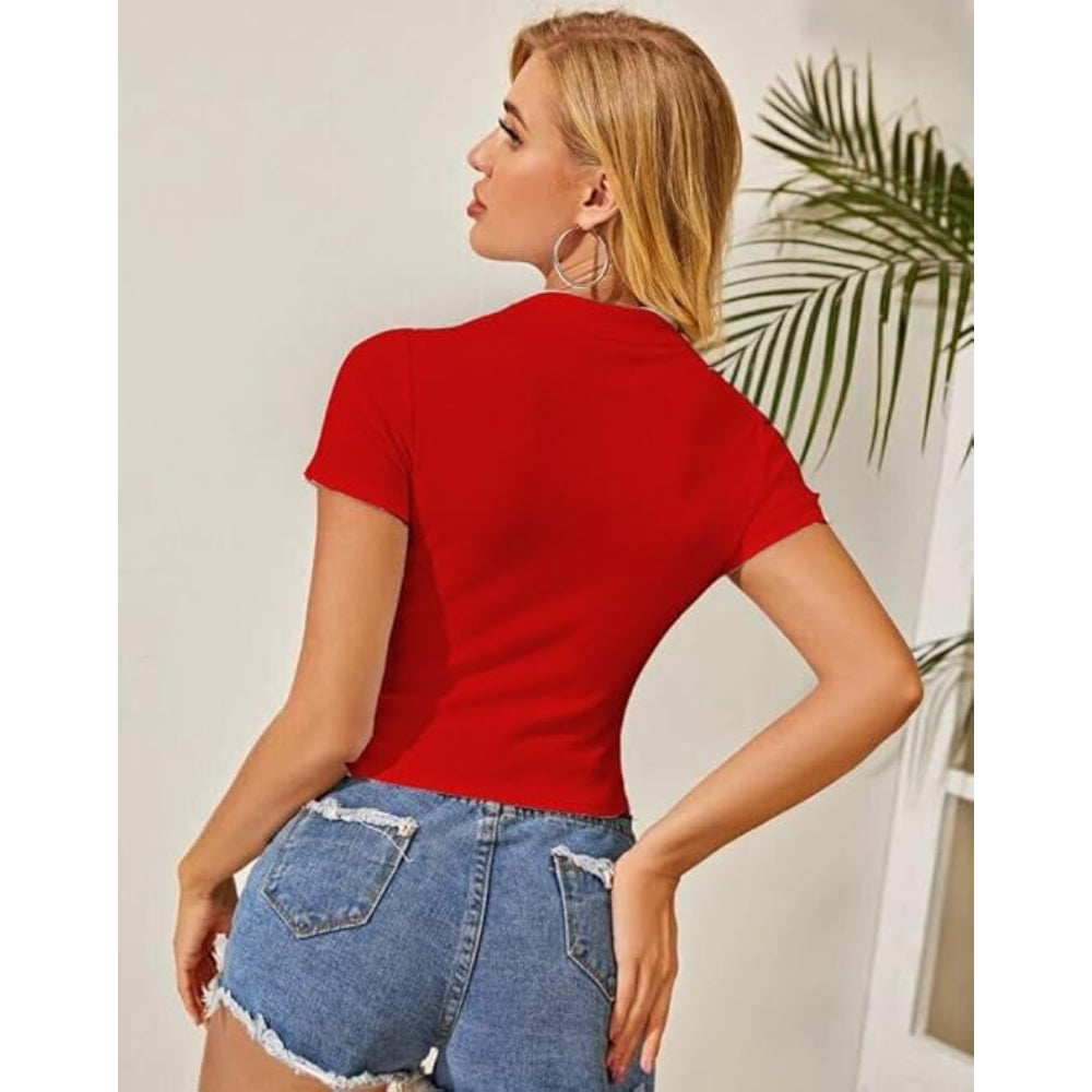 Women Collar V-Neck Red Crop Top