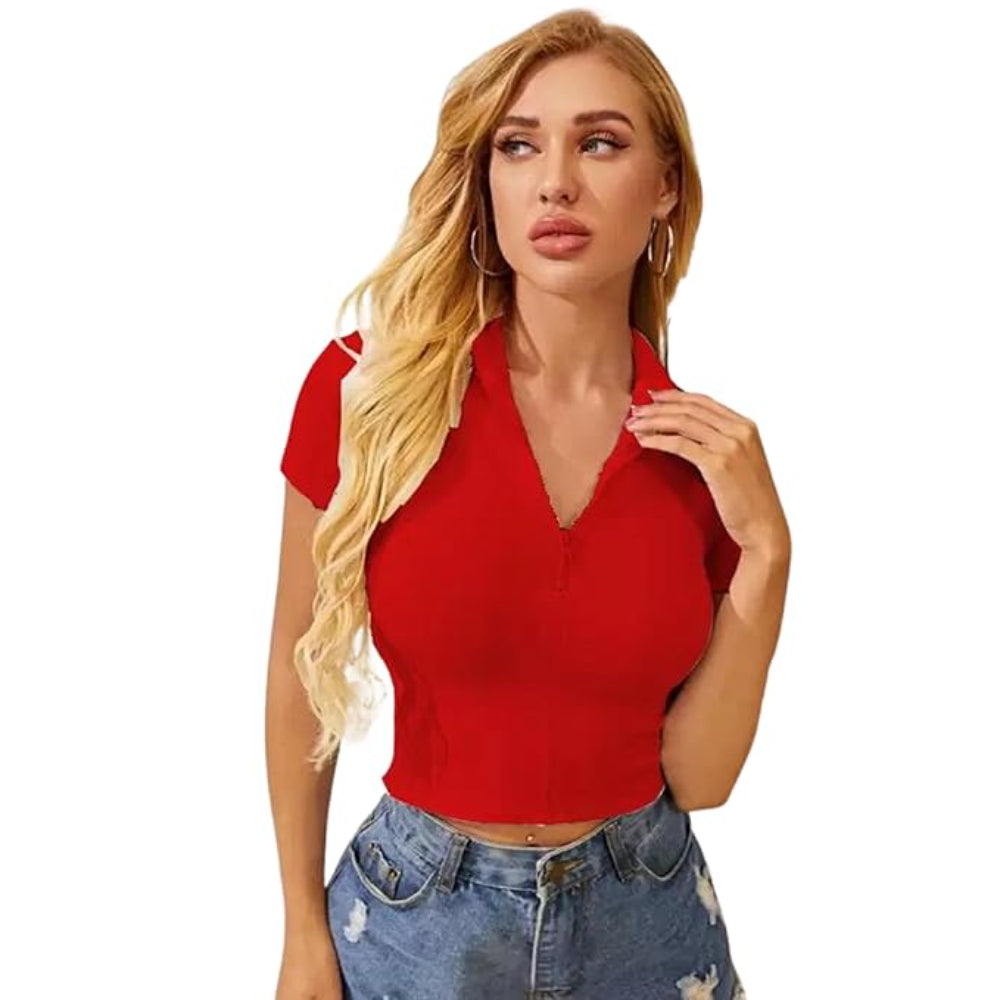 Women Collar V-Neck Red Crop Top