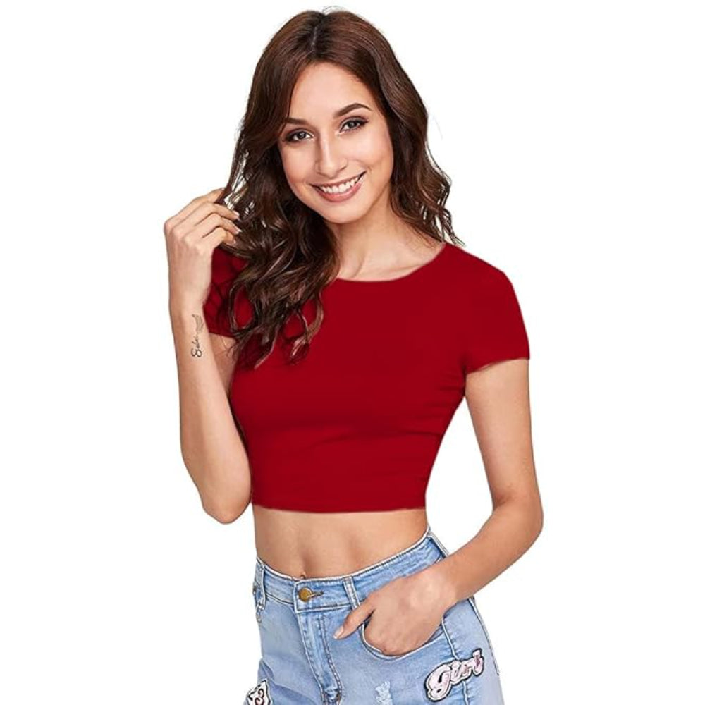 Women Round Neck Red Crop Top