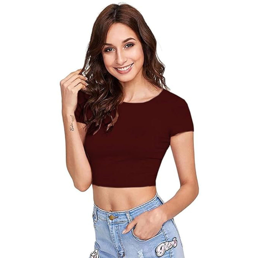 Women Round Neck Maroon Crop Top