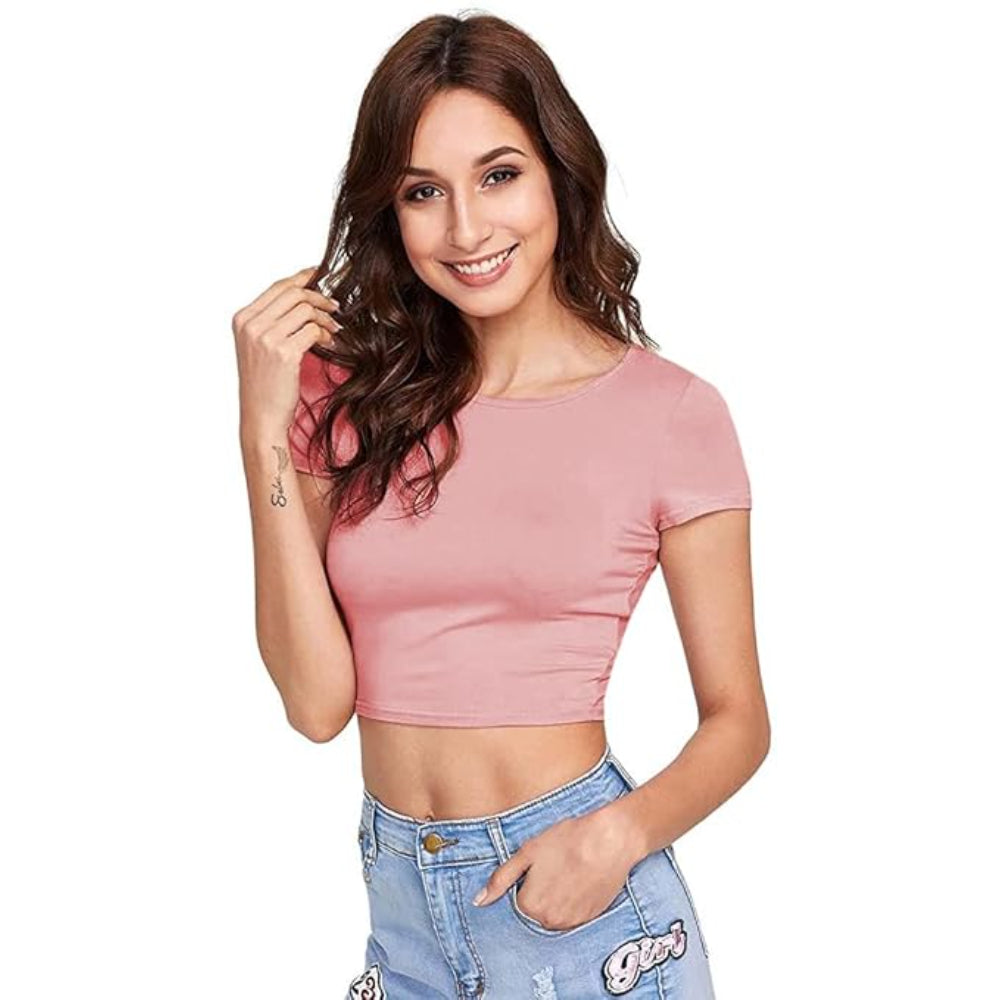 Women Round Neck Peach Crop Top