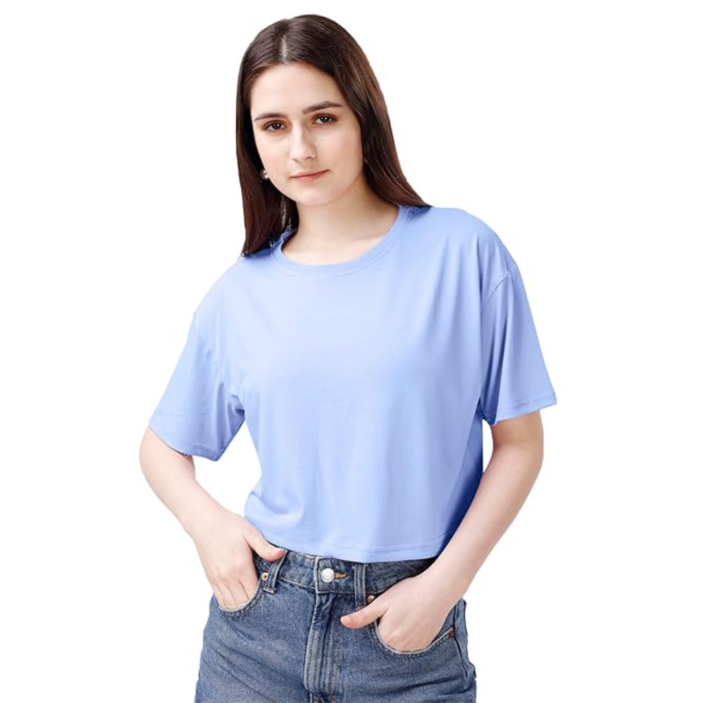 Women Oversized Sky Blue Crop Top
