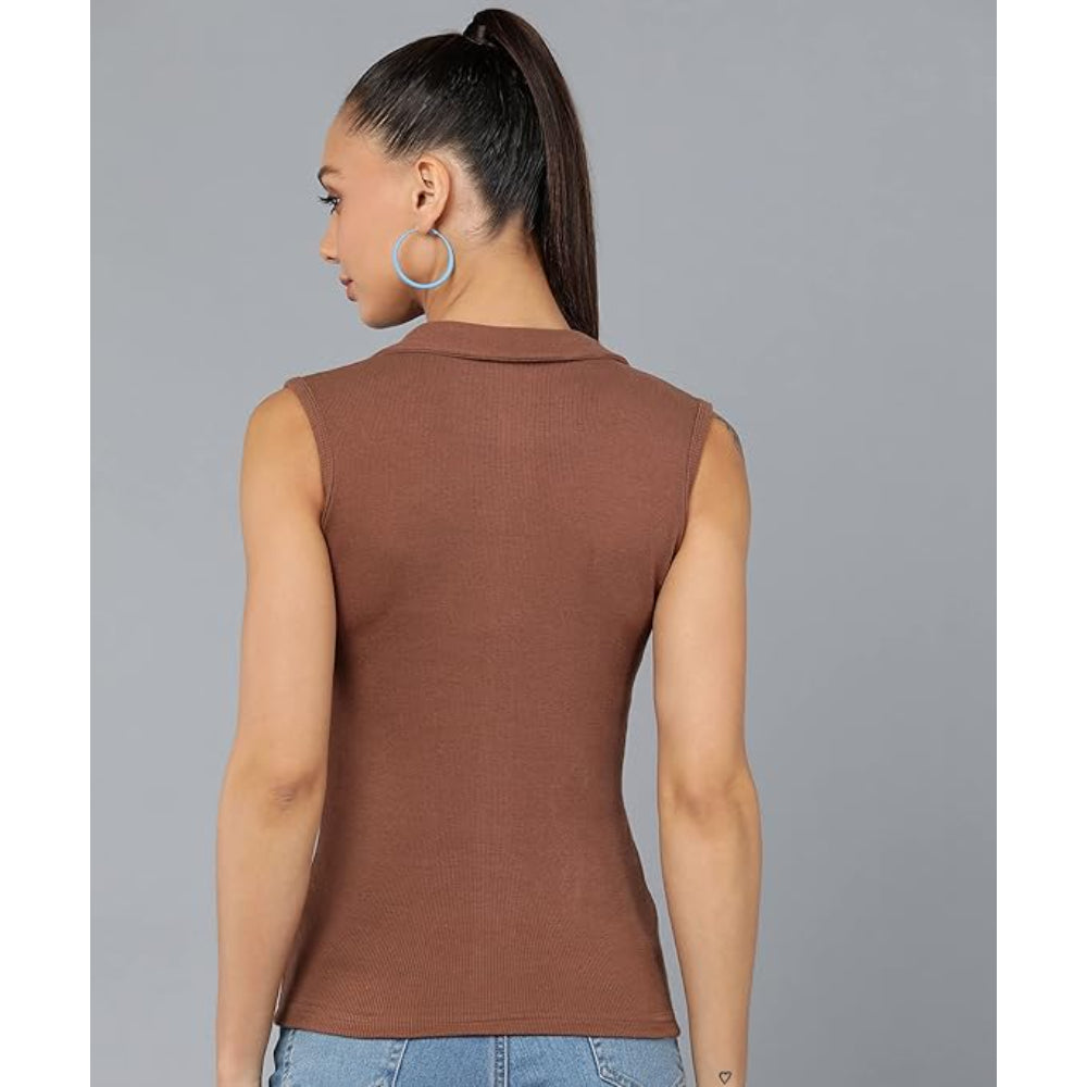 Women Collared Neck Brown Crop Top