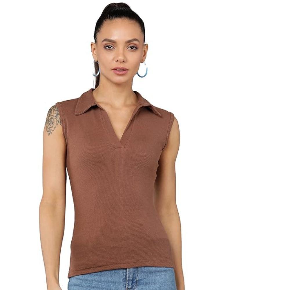 Women Collared Neck Brown Crop Top