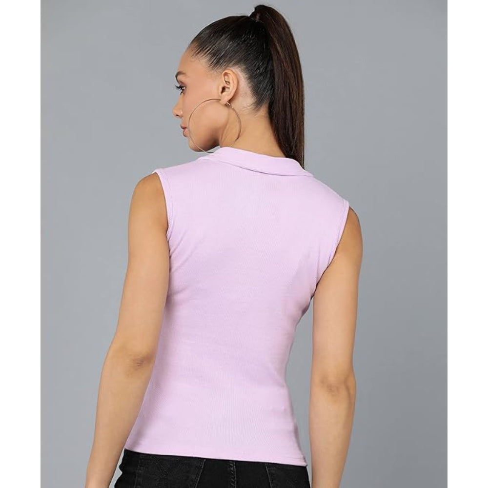 Women Collared Neck Lilac Crop Top