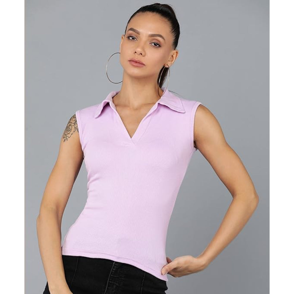 Women Collared Neck Lilac Crop Top