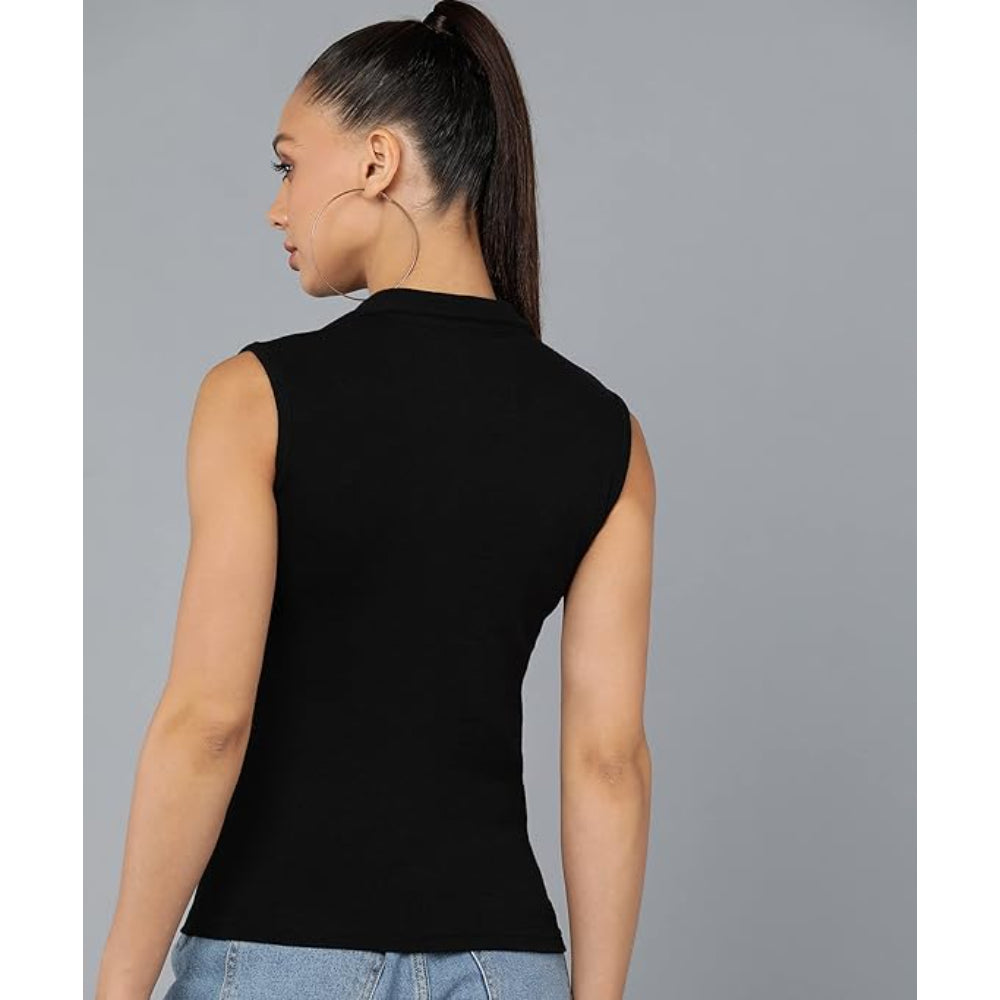 Women Collared Neck Black Crop Top