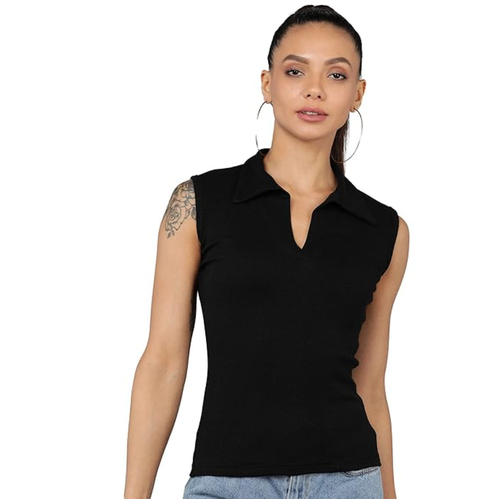Women Collared Neck Black Crop Top