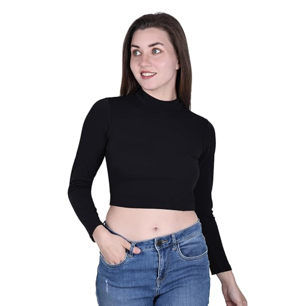 Women High Neck Black Crop Top