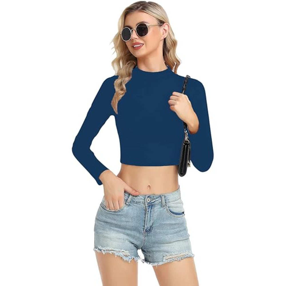 Women High Neck Dark Blue Crop Top