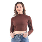 Women High Neck Coffee Brown Crop Top