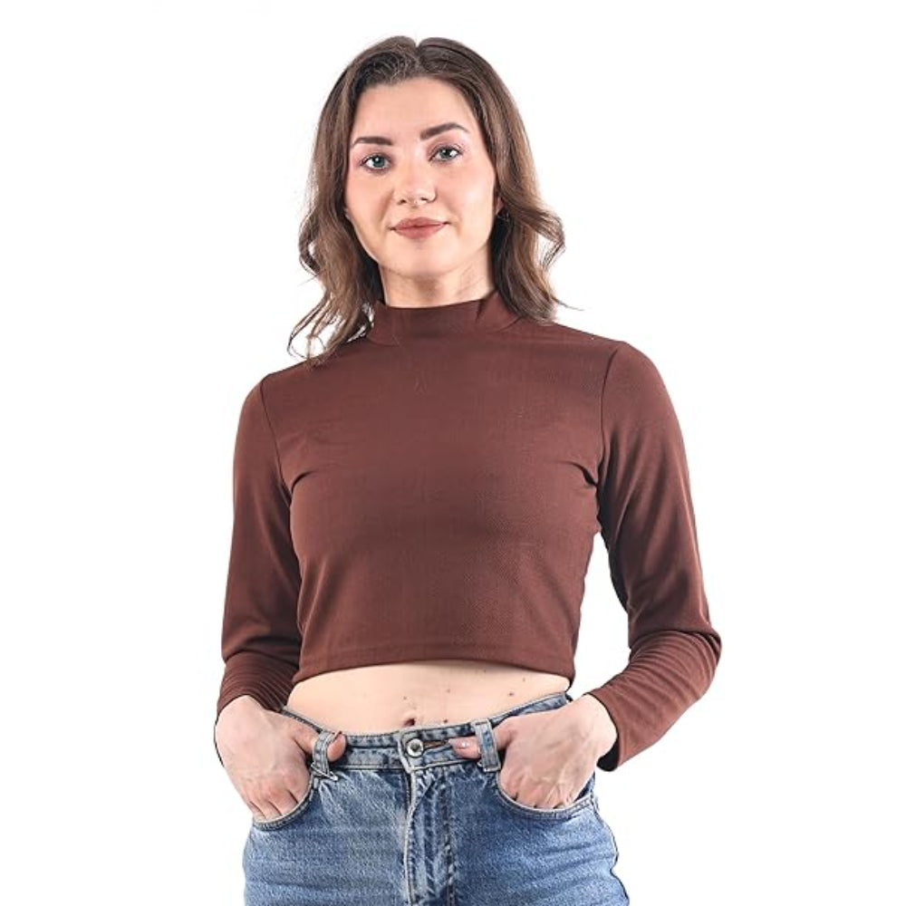 Women High Neck Coffee Brown Crop Top