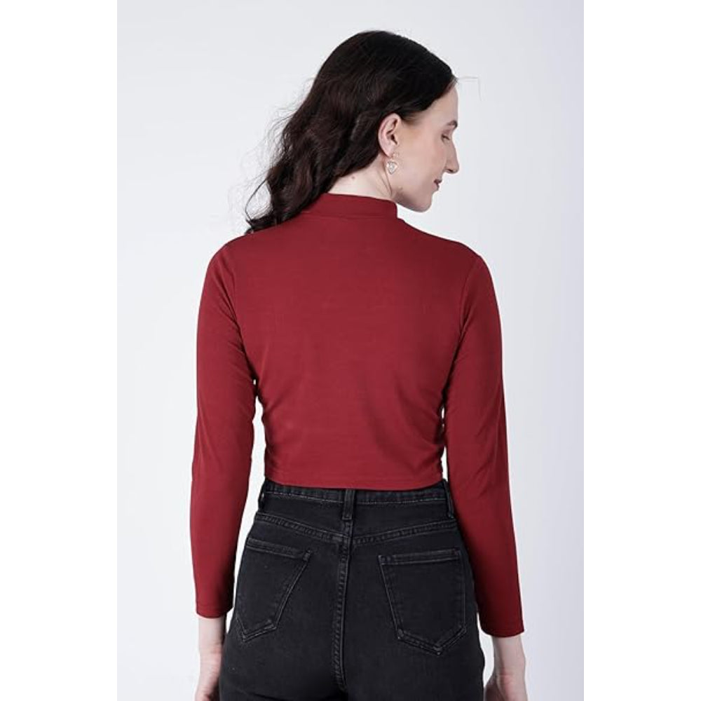 Women High Neck Maroon Crop Top
