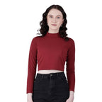 Women High Neck Maroon Crop Top