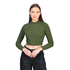 Women High Neck Olive Crop Top
