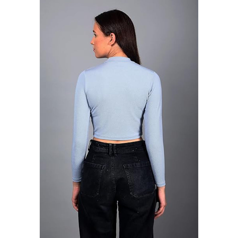 Women High Neck Light Blue Crop Top
