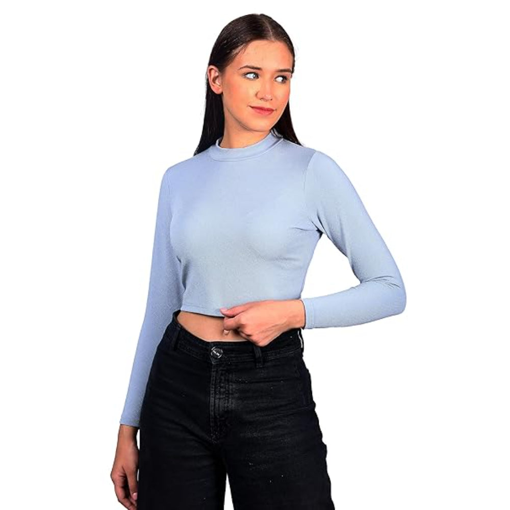 Women High Neck Light Blue Crop Top