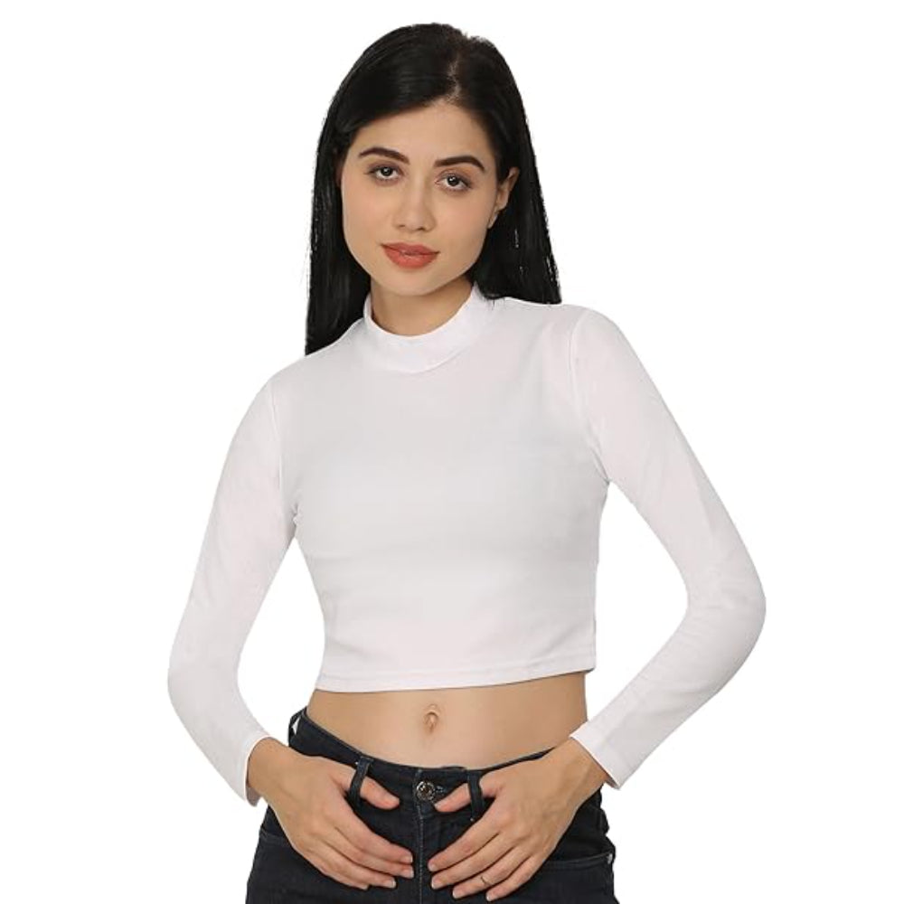 Women High Neck White Crop Top