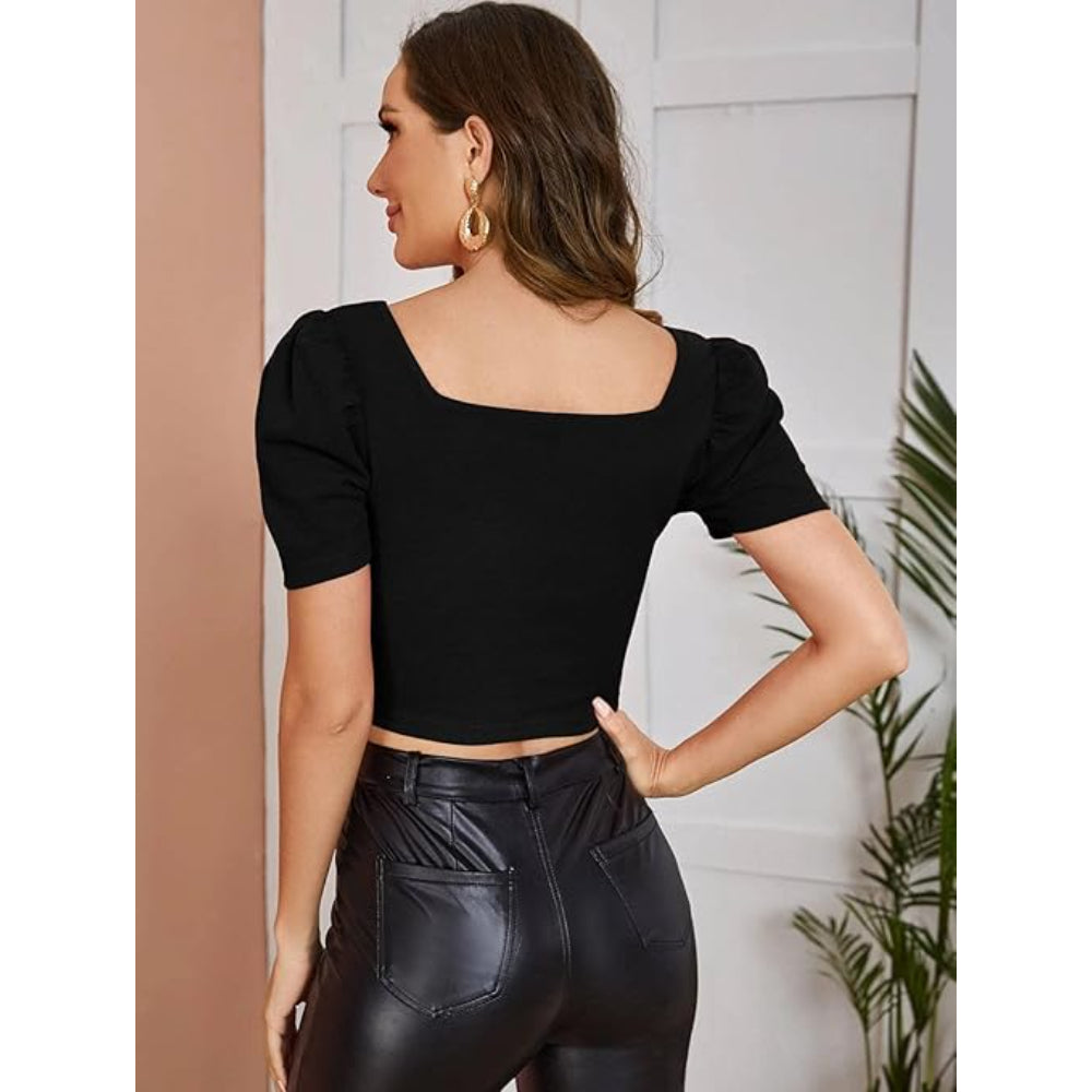 Women Puff Sleeve Black Crop Top