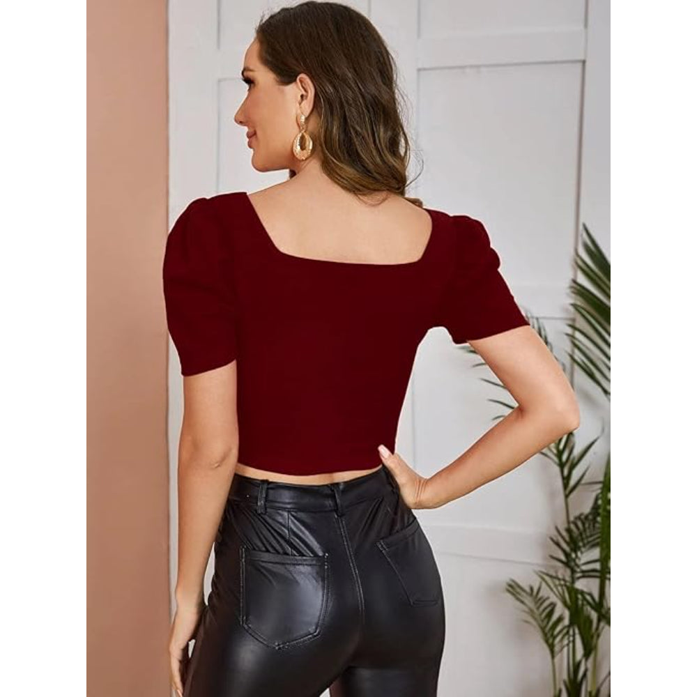 Women Puff Sleeve Maroon Crop Top