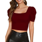 Women Puff Sleeve Maroon Crop Top